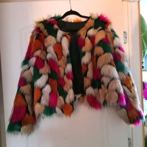 multicolored faux fur jacket